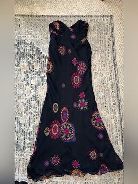 David Meister Black Strapless Maxi Dress with Multicolor Floral Medallions